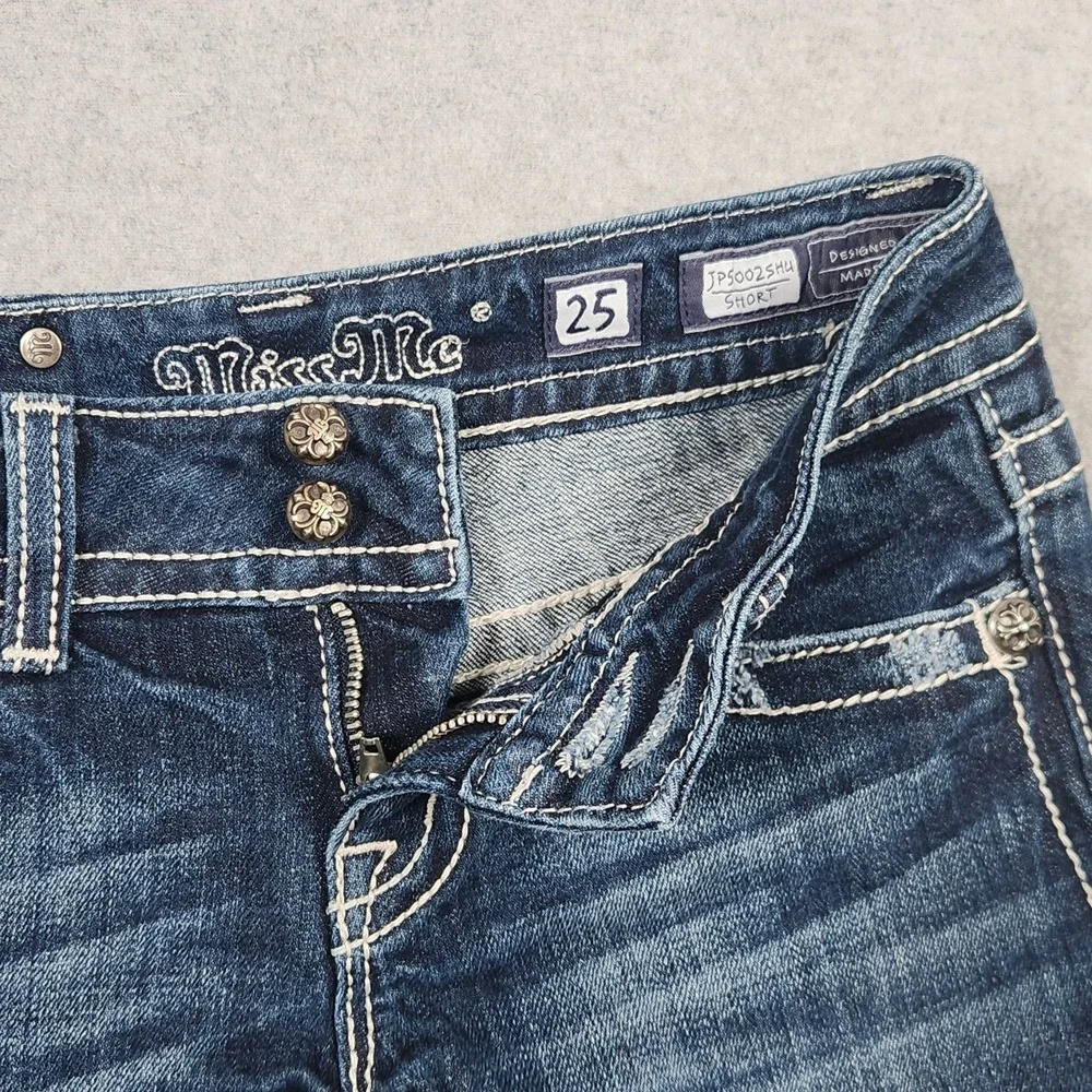 Miss Me Denim Jean Shorts Size 25 Blue Embellished Rhinestones Studded Flap - Picture 3 of 15